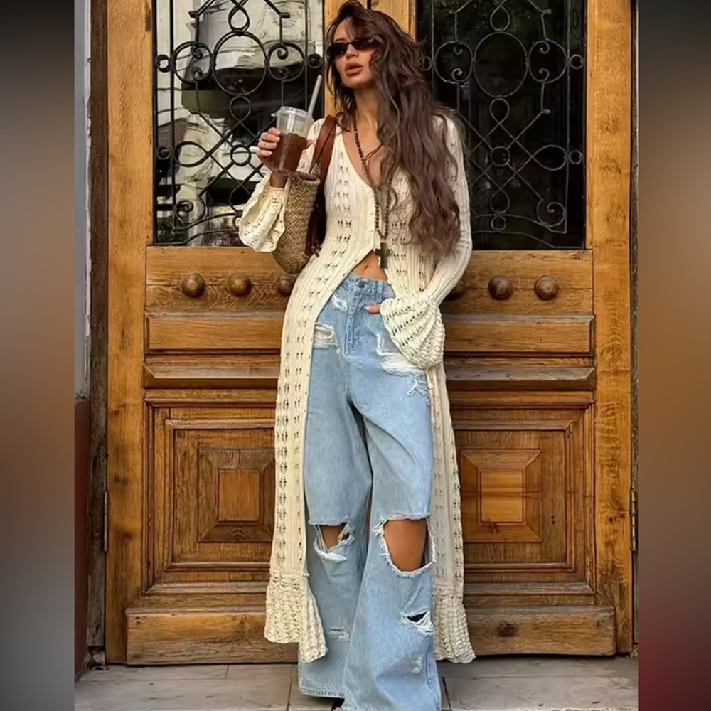 Crochet dress cardigan style bell sleeve Elegant Cream Knit Maxi Dress